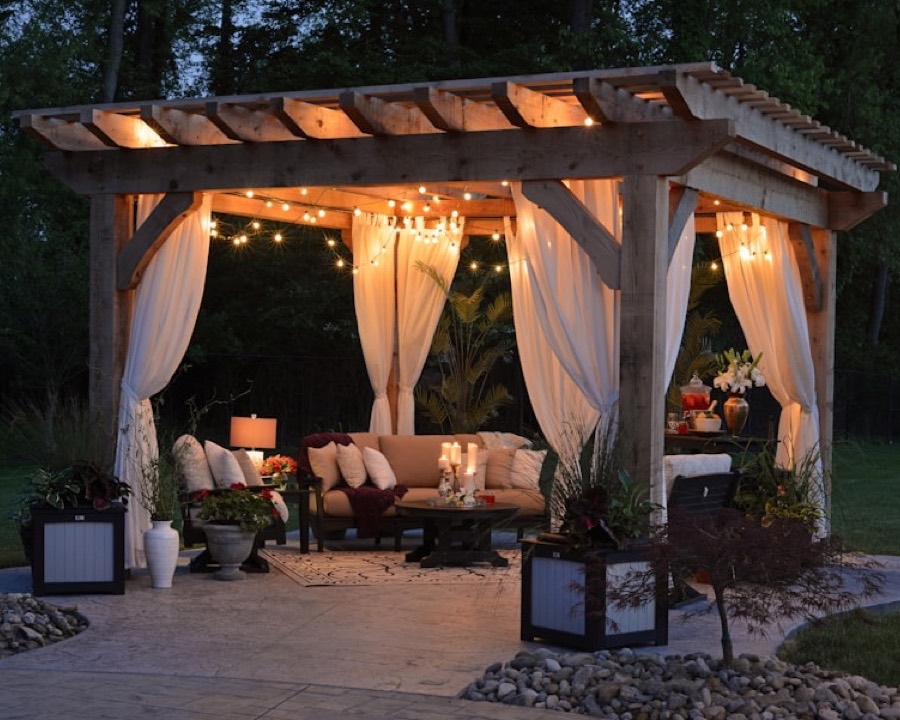 A warmly lit garden path at dusk